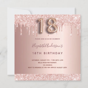 18. Geburtstag Rose Gold Glitzer Tropfen Ballon Te Einladung
