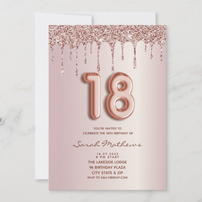 18. Geburtstag Rose Gold Glitzer Tropfen Einladung (Vorderseite)
