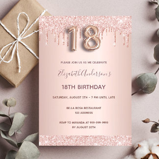 18. Geburtstag rose-goldener Glitter-Tropfen pink Einladung