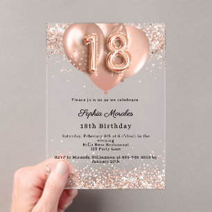 18. Geburtstag roségoldene Luxusballons klar Acryleinladungen