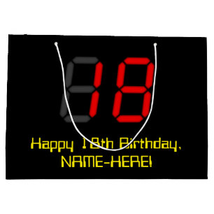 18. Geburtstag: Rote Digitaluhr-Art "18" + Name Große Geschenktüte