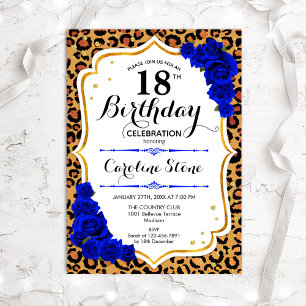 18. Geburtstag - Royal Blue Gold Leopard Print Einladung