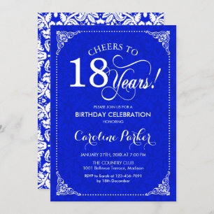 18. Geburtstag - Royal Blue White Damask Einladung