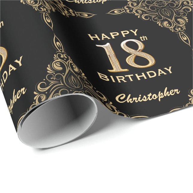 18. Geburtstag Schwarz-Gold-Glitzer-Rahmen Geschenkpapier (Rolleneckpunkt)
