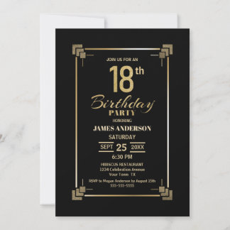 18. Geburtstag Schwarz-Gold-Party Einladung