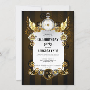 18. Geburtstag Schwarz-Gold-Steampunk-Uhr Zahnräde Einladung