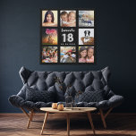 18. Geburtstag Schwarz Silber Custom Foto Collage Künstlicher Leinwanddruck<br><div class="desc">Ein einzigartiges Geschenk für den 18. Geburtstag eines Mädchens, das ihr Leben mit einer Collage von 8 eigenen Fotos, Bildern feiert. Personalisieren und fügen Sie ihren Namen und ein Datum. Ein schicker schwarzer Hintergrund. Der Name ist mit einem modernen handgeschriebenen Stil Skript geschrieben, Nummer 18 mit einem Imitat silberne Ballon...</div>