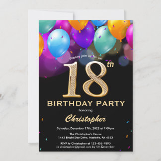 18. Geburtstag Schwarz und Gold farbige Ballons Einladung