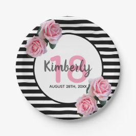18. Geburtstag schwarze Streifen rosa Flora Pappteller