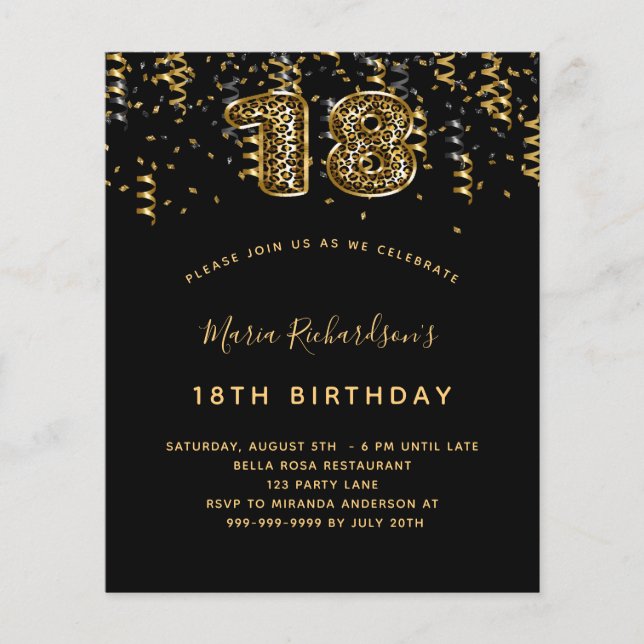 18. Geburtstag schwarzes Goldleopard-Party (Vorderseite)