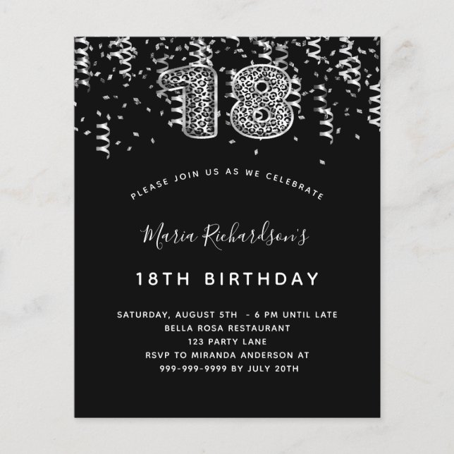 18. Geburtstag schwarzes Silberleoparden Party (Vorderseite)