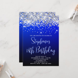 18. Geburtstag Silber Glitter Blau Navy Schwarz Einladung