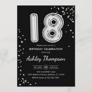 18. Geburtstag - Silberballons schwarz Einladung