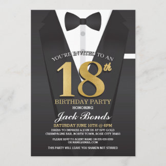 18. Geburtstag Spy Anzug Black Krawatte Gold Einla Einladung
