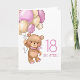 18. Geburtstag süße rosa Ballons Mädchen Teddy Kar Karte