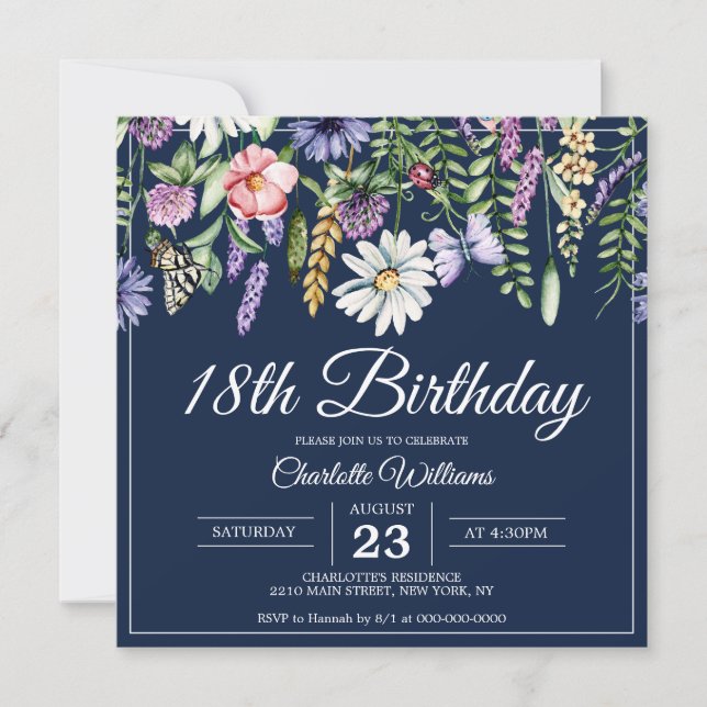 18. Geburtstag Wildblumen Navy Blue Elegant Einladung (Vorderseite)