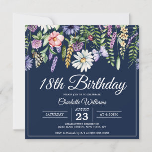 18. Geburtstag Wildblumen Navy Blue Elegant Einladung