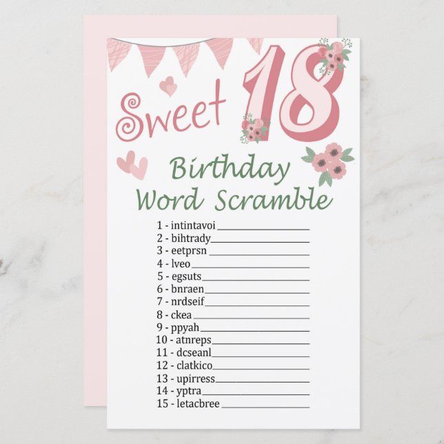 18. Geburtstag Word Scramble Game (Vorne/Hinten)