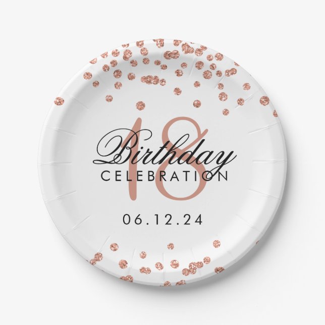 18. Geburtstags-Rosen-GoldGlitzerconfetti-Weiß Pappteller (Vorderseite)