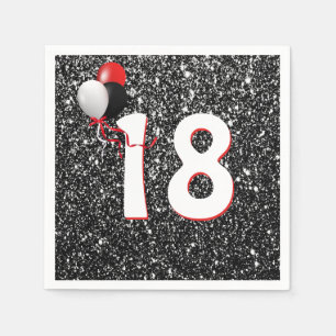 18. Geburtstagsballons auf dem Schwarzen Glitzer N Serviette