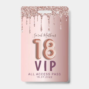 18. Geburtstagseinladung mit roségoldenen Glittert Ausweis