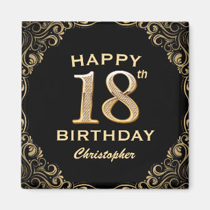 18. Geburtstagsparty Black and Gold Glitzer Frame Magnet