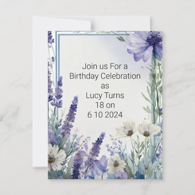 18. Geburtstagsparty Einladung mit Blauen Blumen (Vorderseite)