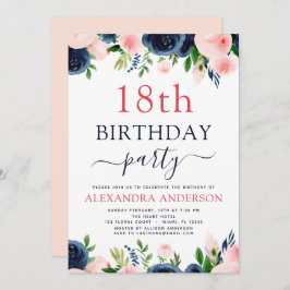 18. Geburtstagsparty Navy Blue Blush Pink Floral Einladung