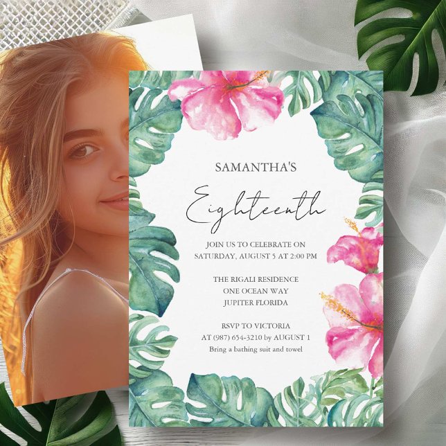 18. Geburtstagsparty Tropical Aloha Thema Einladung (Eighteenth birthday invitations with photo watercolor pink flowers & palm leaf Victoria Grigaliunas)
