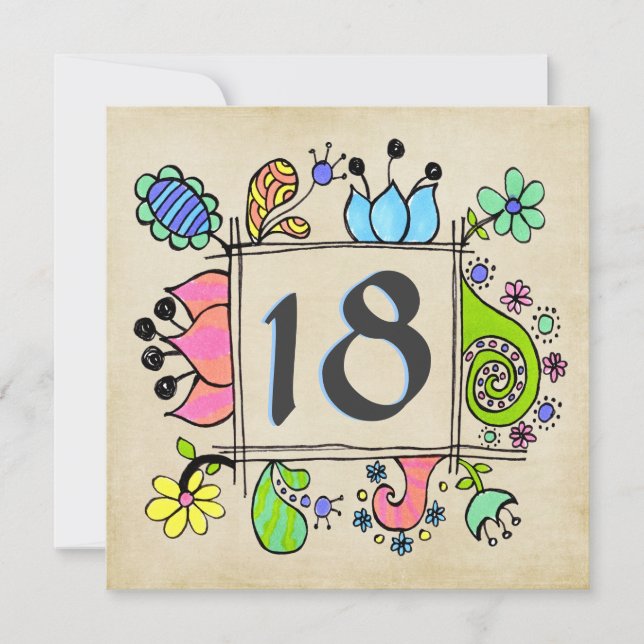 18. Gekritzel-bunte Geburtstags-Party Einladung (Vorderseite)