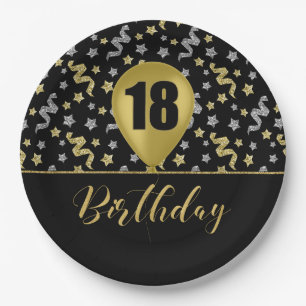 18 Gold Geburtstagsballon auf Black Gold Confetti Pappteller