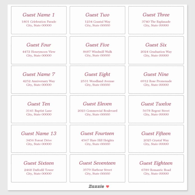 18 Guest Address Labels White Burgundy Sticker (Blatt)
