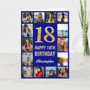 18. Happy Birthday Navy Blue & Gold Foto Collage Karte