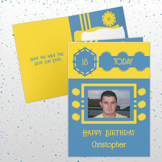 18 heute Foto Namen gelb blau Geburtstag Karte