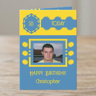 18 heute Foto Namen gelb blau Geburtstag Karte