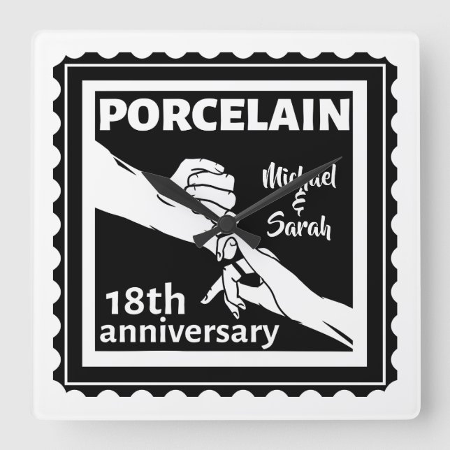 18. Hochzeitstag Porzellan traditionell Quadratische Wanduhr (Vorderseite)