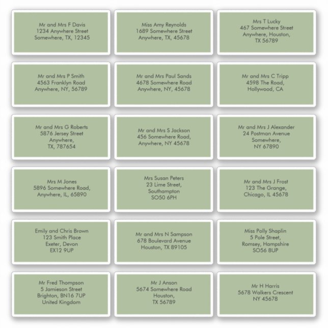 18 individuelle Gästennamen Adressen von Sage Gree Aufkleber (Vorderseite)