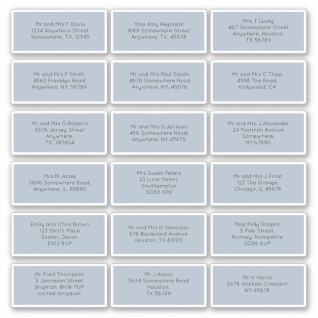 18 individuelle Hochzeitgästen-Adressen blau Aufkleber (Vorderseite)