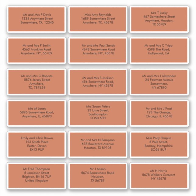 18 individuelle Namen der Gäste Adressen Terracott Aufkleber (Vorderseite)