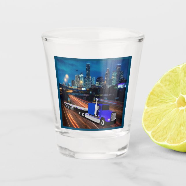 18 Radfahrer auf der Autobahn mit Houston Skyline Schnapsglas (Vorderseite)