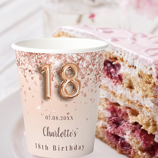 18. Rose Gold Glitzer Monogramm Name Pappbecher (Von Creator hochgeladen)