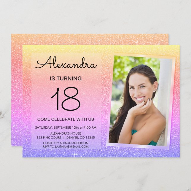 18. Sparkle Glitzer Luxus Rosa, Gold Lila Einladung (Vorne/Hinten)