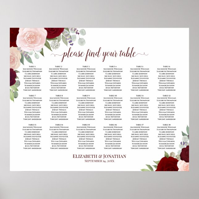 18 Tabelle Burgundy Red & Pink Roses Seating Chart Poster (Vorne)