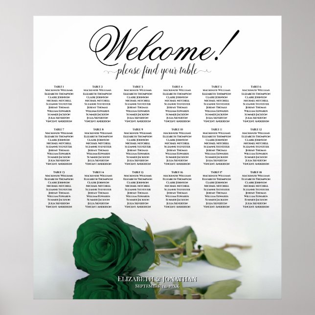 18 Tabelle Elegant Emerald Green Rose Seating Char Poster (Vorne)