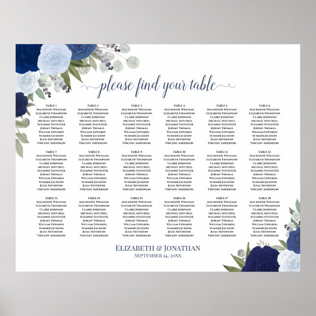 18 Tabelle Elegante blaue Rose Hochzeitstabelle Poster (Vorne)