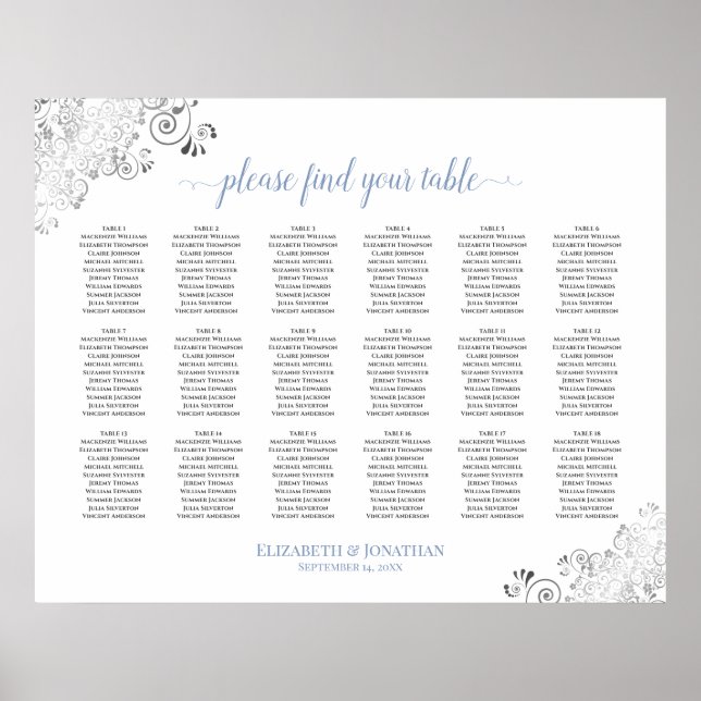 18 Tabelle Frily White Wedding Seating Chart Blue Poster (Vorne)