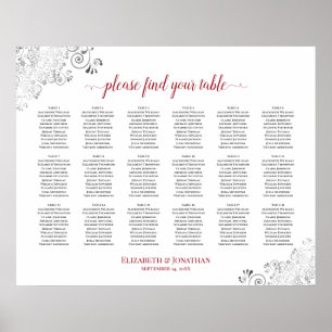 18 Tabelle Frily White Wedding Seating Chart Red Poster