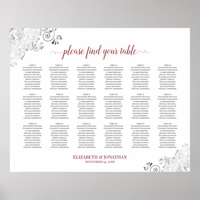 18 Tabelle Frily White Wedding Seating Chart Red Poster (Vorne)