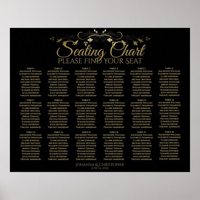18 Tabelle Gold & Black Simple Wedding Seating Cha Poster (Vorne)