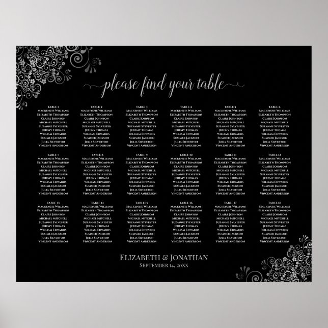 18 Tabelle Hochzeitskarte Silber Frills Schwarz Poster (Vorne)